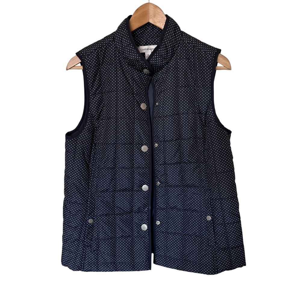 Croft & Barrow Quilted Puffer Vest Women Medium Navy Blue Polka Dot Excellent